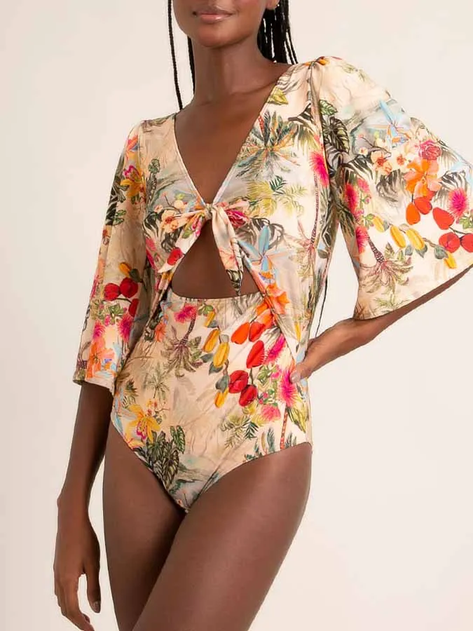 

Vintage V-Neck Printed One Piece Swimsuit Long Sleeve Triangle Cup Cutout Sexy Slim Bikini Fashion Seamless Patchwork Beachwear