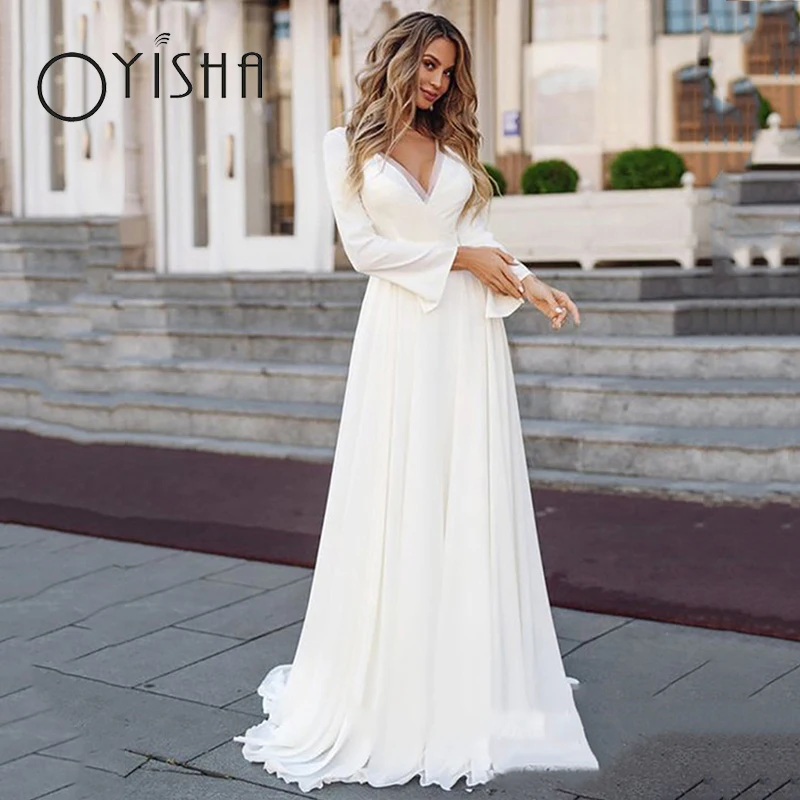 OYISHA Simple Chiffon Wedding Dresses V-Neck Pleated Bridal Gowns Back Sexy Lace Appliques Flare Sleeve Elegant vestido de noiva
OYISHA Simple Chiffon Wedding Dresses V-Neck Pleated Bridal Gowns Back Sexy Lace Appliques Flare Sleeve Elegant vestido de noiva