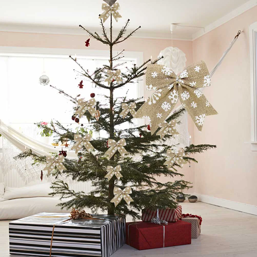 

10pcs Rustic Burlap Jute Bow Christmas Tree Ornament Snowflake Bowknot Holiday Decorative Bows for Xmas Wreath Crafts 14x14cm