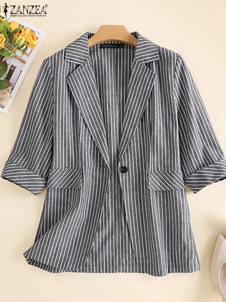 

Fashion Women Blazers Summer Office Lady Outwears ZANZEA Casual Loose 3/4 Sleeve Suits Tops Oversized Striped Lapel Streetwears