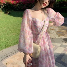 Vintage Long Sleeve One Piece Chiffon Dress for Women Fairy Elegnat French Floral Party Midi Dresses Evening Korean 2023 Summer