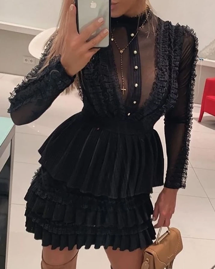 

Fashion Women Mock Neck Sheer Mesh Insert Ruffles Buttoned Dress Casual Ladies Solid Color Long Sleeve Mini Dress Streetwear