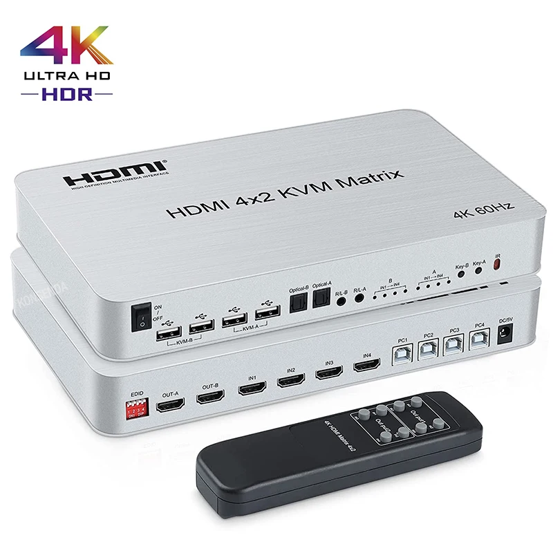 4 порта USB HDMI KVM Matrix 4x2 двойной монитор 4K 60 Гц HDR переключатель сплиттер 2 0 аудио