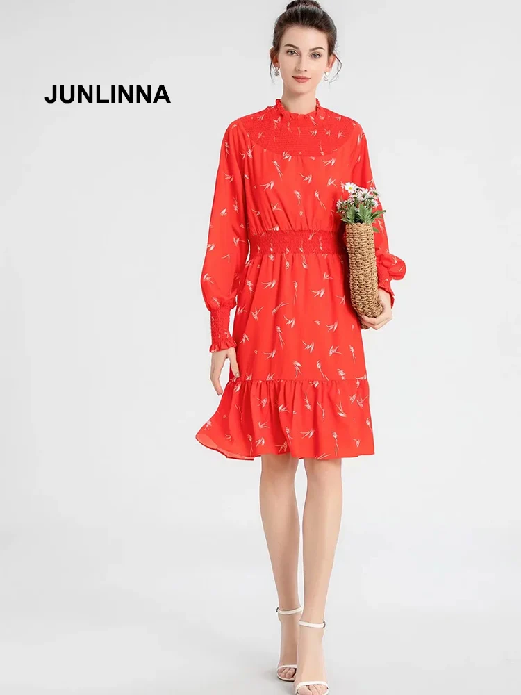 JUNLINNA Fashion Designer Women Beach Holiday Dress Stand Collar Ruffle Elastic Waist Spring Summer Printing Vestidos 
JUNLINNA Fashion Designer Women Beach Holiday Dress Stand Collar Ruffle Elastic Waist Spring Summer Printing Vestidos