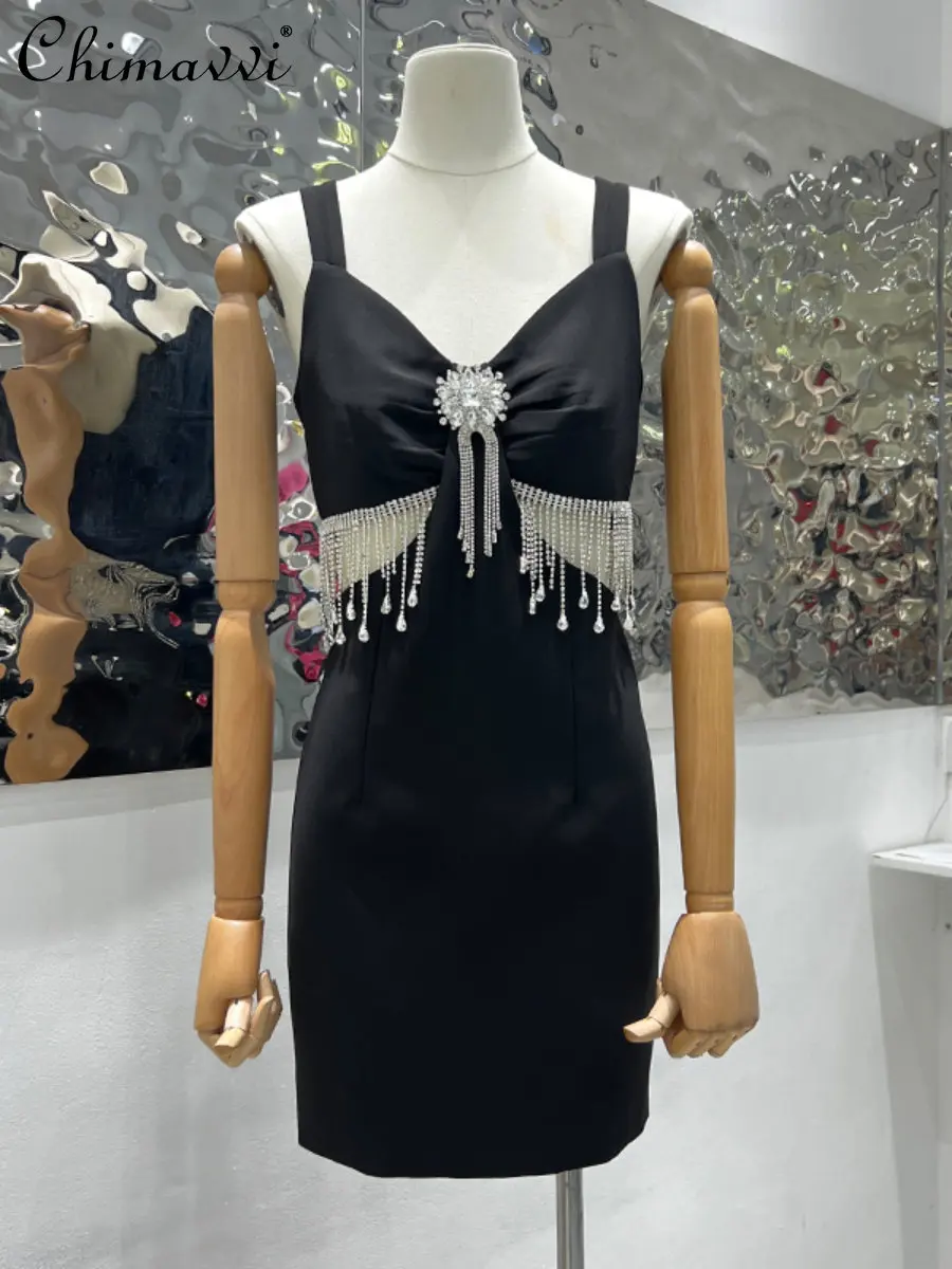 

Women's New 2023 Spring Summer British Water Drop Diamond Waist-Leaking Design Dress Heavy Sexy Slim-fit Graceful Vest Dress