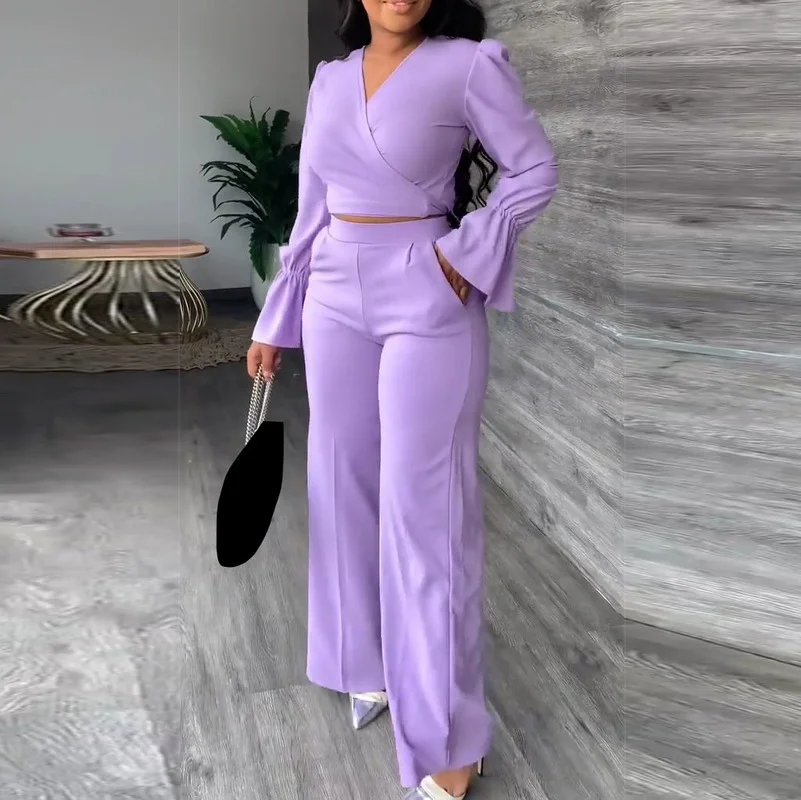 WUHE Autumn Elegant 2 Piece Set Women Sexy Wrap V Neck Flare Sleeve Crop Top + Wide Leg Pants Matching Set Office Lady Outfits
WUHE Autumn Elegant 2 Piece Set Women Sexy Wrap V Neck Flare Sleeve Crop Top + Wide Leg Pants Matching Set Office Lady Outfits
