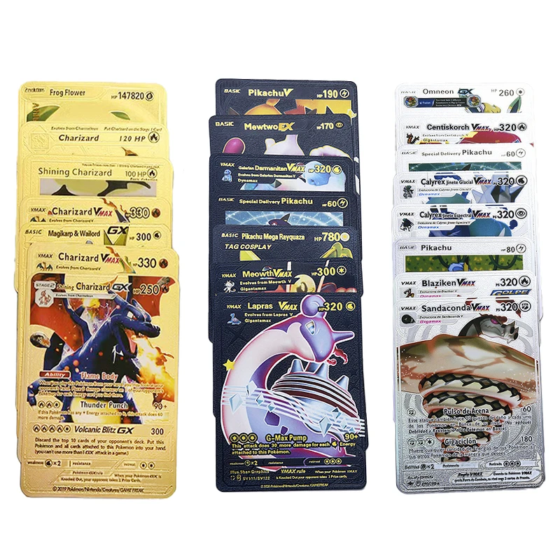 Pokemon Card gold foil Silver Black Letters english Spain Imitation Metal Game Cards Charizard Vmax Gx Collect Case Toy Kids boy
Pokemon Card gold foil Silver Black Letters english Spain Imitation Metal Game Cards Charizard Vmax Gx Collect Case Toy Kids boy