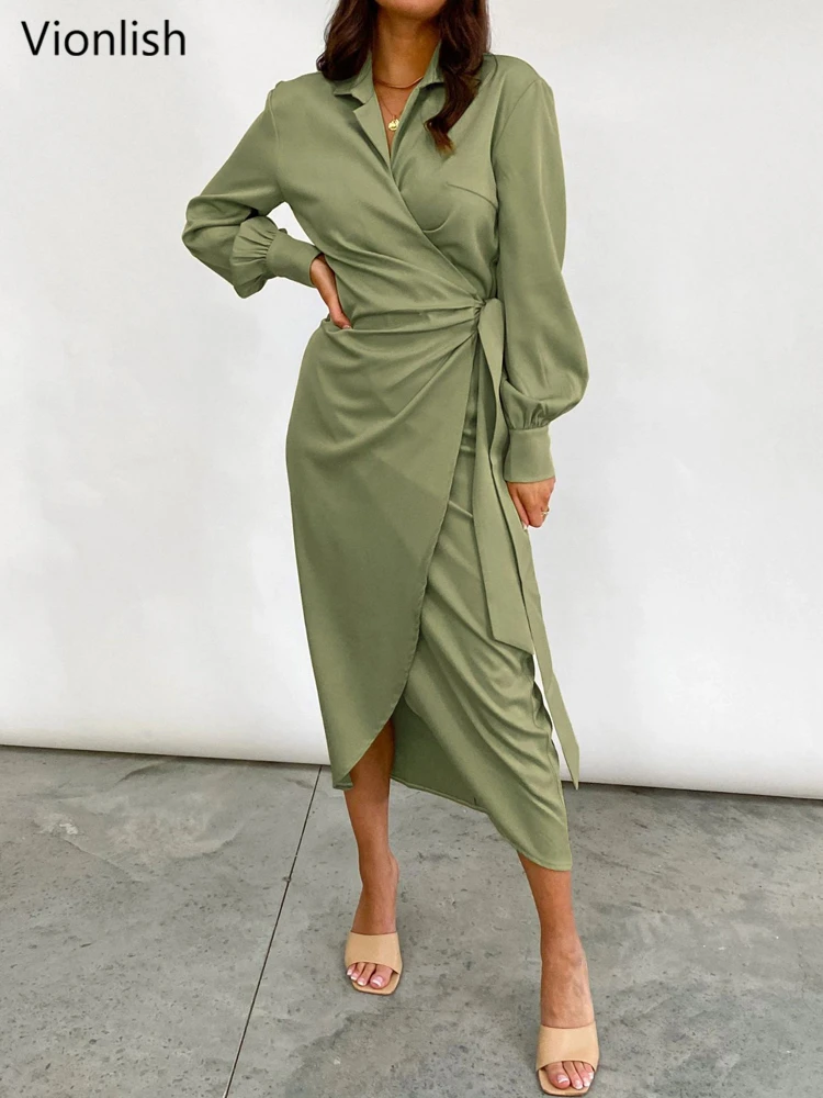 Vionlish Elegant Lapel Full Sleeve Women Dresses Autumn Slim Waist Lace-up Split Female Midi Dress Ladies Vestidos
Vionlish Elegant Lapel Full Sleeve Women Dresses Autumn Slim Waist Lace-up Split Female Midi Dress Ladies Vestidos