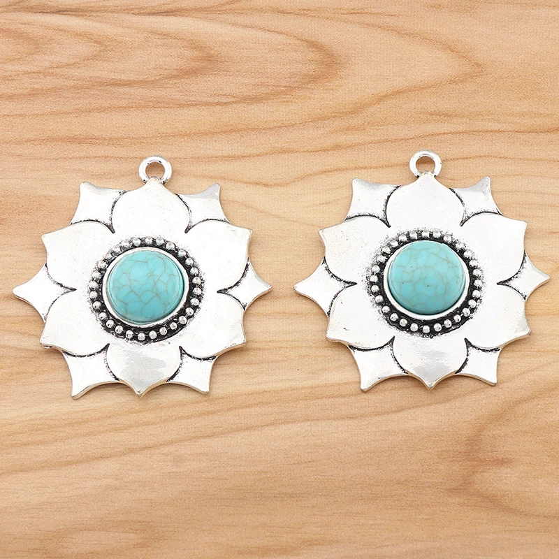 

1Pc Tibetan Silver Color Imitation Turquoise Stone Flower Charms Pendants For DIY Necklace Jewelry Making Findings Accessories