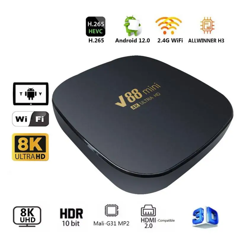 2023 New IPTV V88 Smart TV Box Android 12 Allwinner H3 Quad Core 2.4G WIFI 8K Set Top Box 2GB+12GB Media Player H.265 TV BOX
2023 New IPTV V88 Smart TV Box Android 12 Allwinner H3 Quad Core 2.4G WIFI 8K Set Top Box 2GB+12GB Media Player H.265 TV BOX