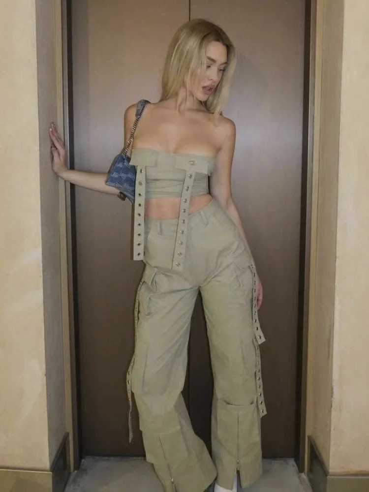 

Y2k Pant Sets Sexy One Word Neckline Tube Top and Slim Fit Cargo Pants Two Piece Set for Womans 2023 Summer Women Sets Fashion