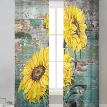 Sunflower Watercolor Wood Grain Retro Tulle Curtains for Living Room Sheer Curtains Kitchen Drapes Modern Bedroom Voile Curtain