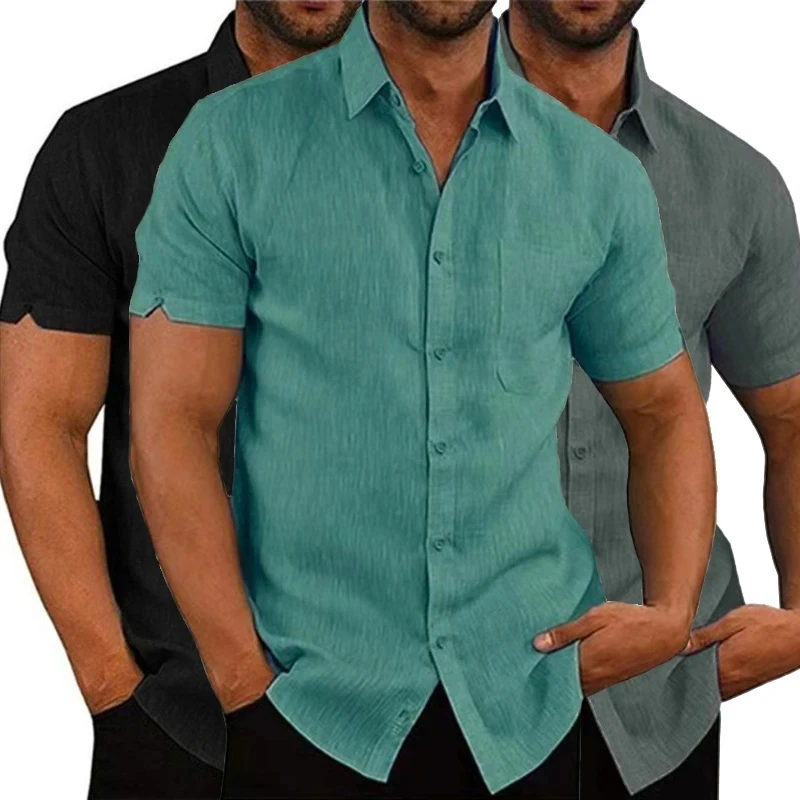 

Bawełniana pościel na lato koszule krótkie koszule z rękawami bluzki z solidnym kołnierzem na koszule plażowe odzież męska