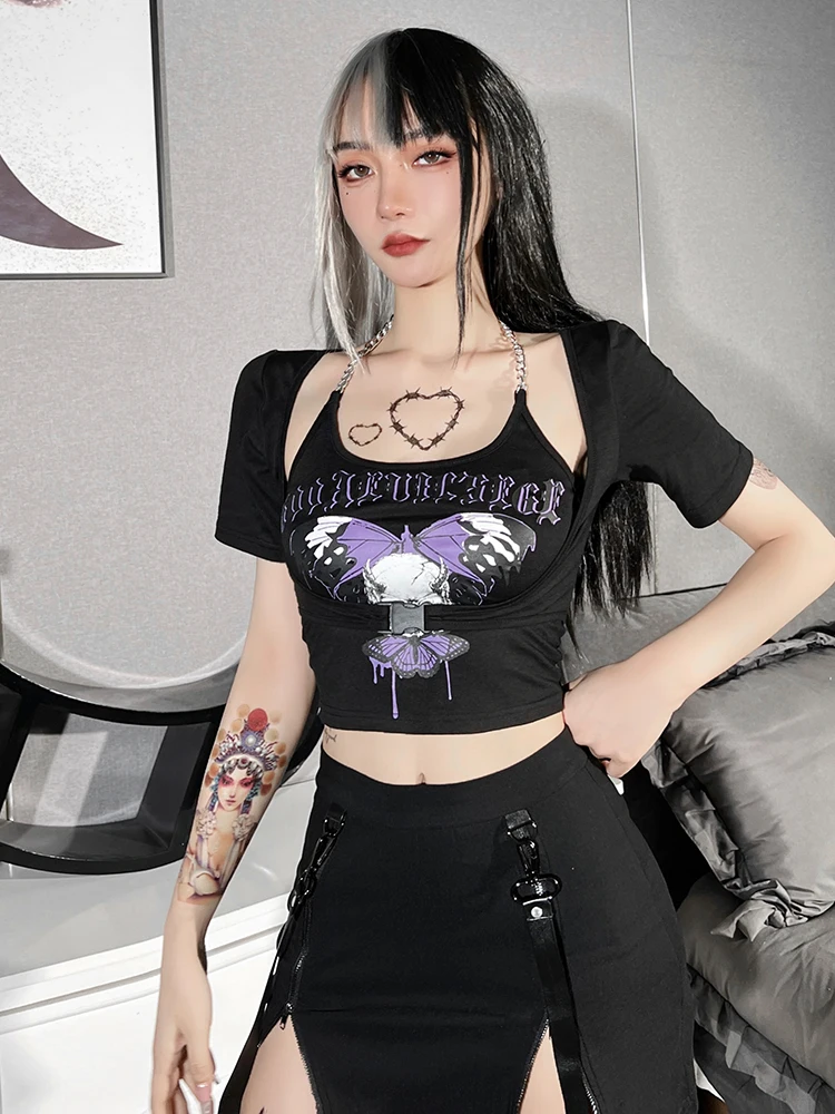 Goth Y2K Butterfly Skull Pattern 2pcs Halter Tshirt Set Harajuku Retro Chain Button Tee Matching Set Black Cutout Tshirt
Goth Y2K Butterfly Skull Pattern 2pcs Halter Tshirt Set Harajuku Retro Chain Button Tee Matching Set Black Cutout Tshirt