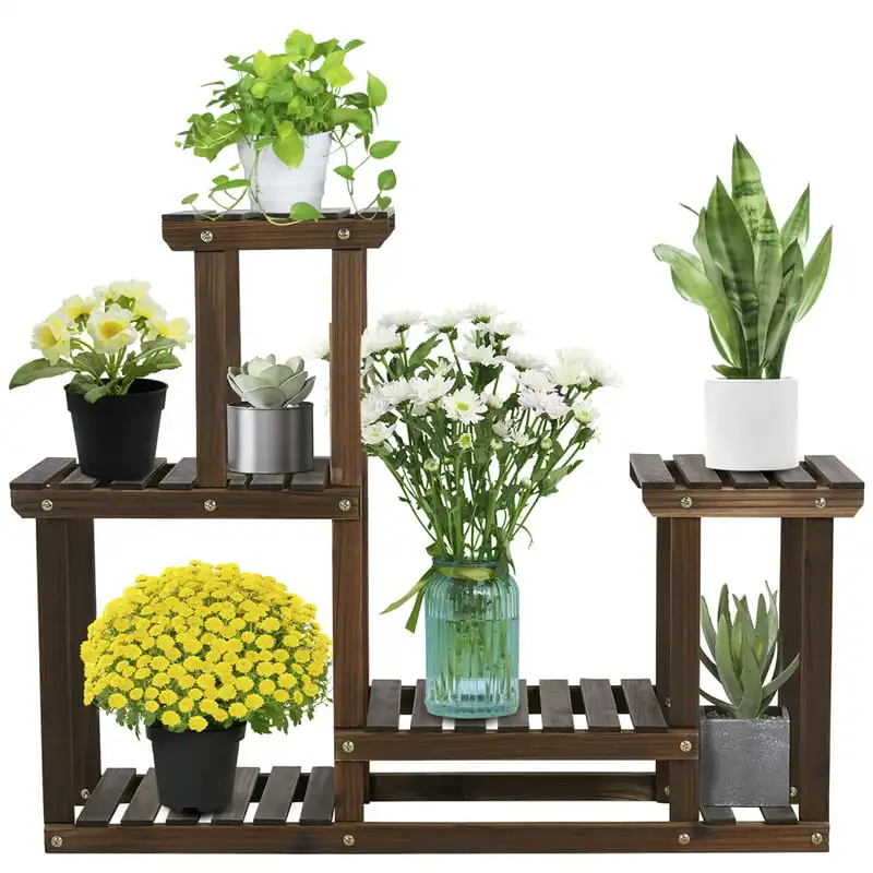 

37" x 10" x 29" 4-Tier Brown Metal Floral Flower Pot Base Display Stand Home Garden Patio