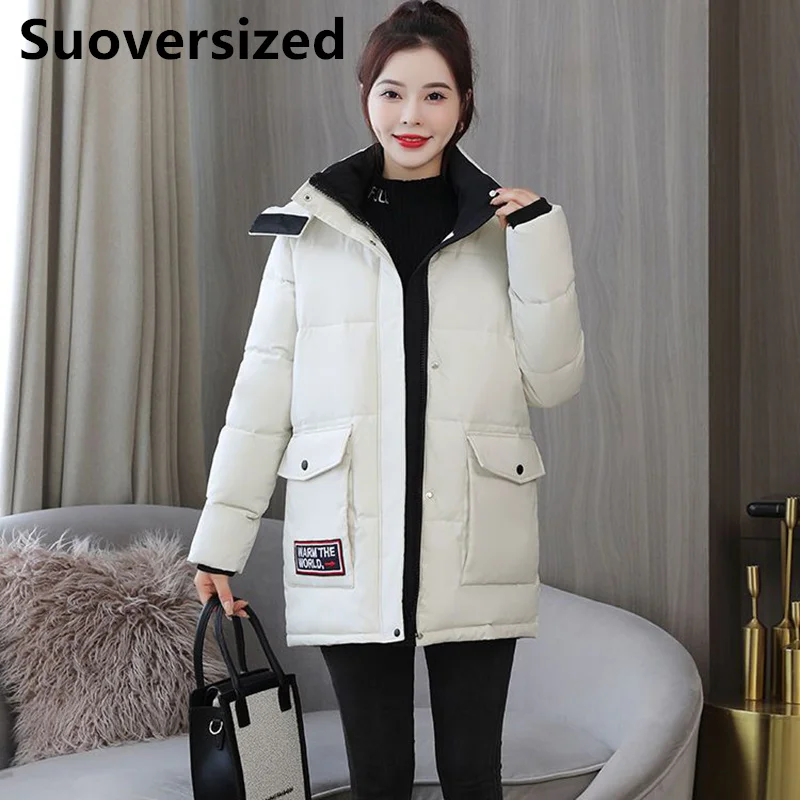 Winter Hooded Thick Mid-length Down Cotton Parkas For Women Warm Loose Cargo Long Outwear Korean Casual Puffy Windproof Jackets
Winter Hooded Thick Mid-length Down Cotton Parkas For Women Warm Loose Cargo Long Outwear Korean Casual Puffy Windproof Jackets