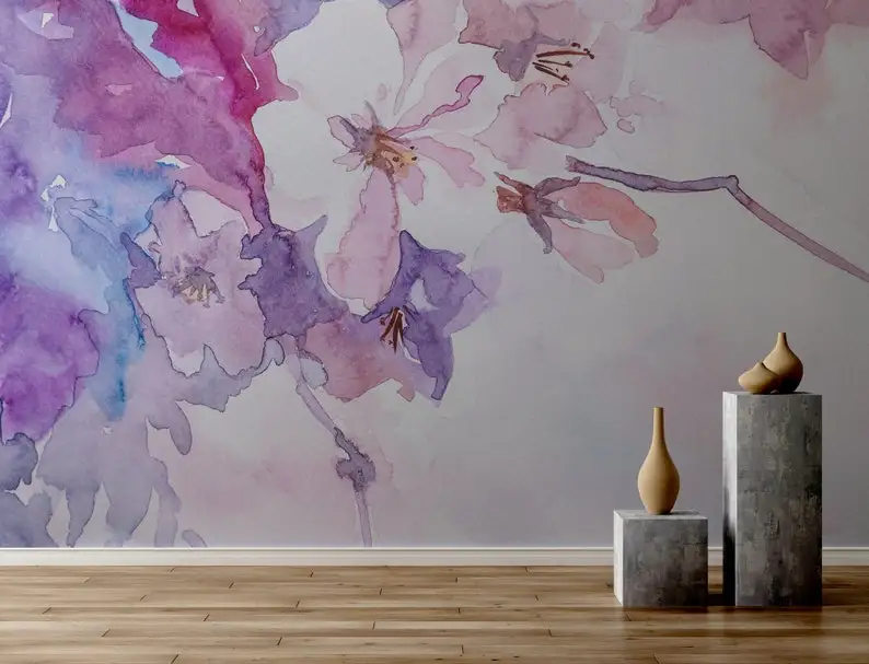 Purple watercolor wallpaper with flowers and watercolor splashes, floral mural, removable wallpaper, self-adhesive 
Purple watercolor wallpaper with flowers and watercolor splashes, floral mural, removable wallpaper, self-adhesive