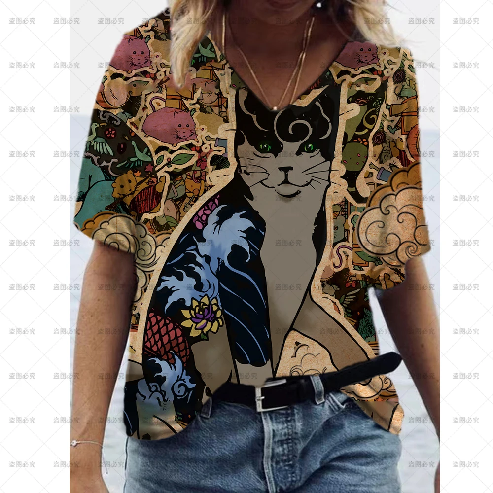 2023 Summer Tops Women's 3D vintage cat Print T-Shirt Street Casual Loose T-Shirt Ladies Short Sleeve V-Neck T-Shirt
2023 Summer Tops Women's 3D vintage cat Print T-Shirt Street Casual Loose T-Shirt Ladies Short Sleeve V-Neck T-Shirt