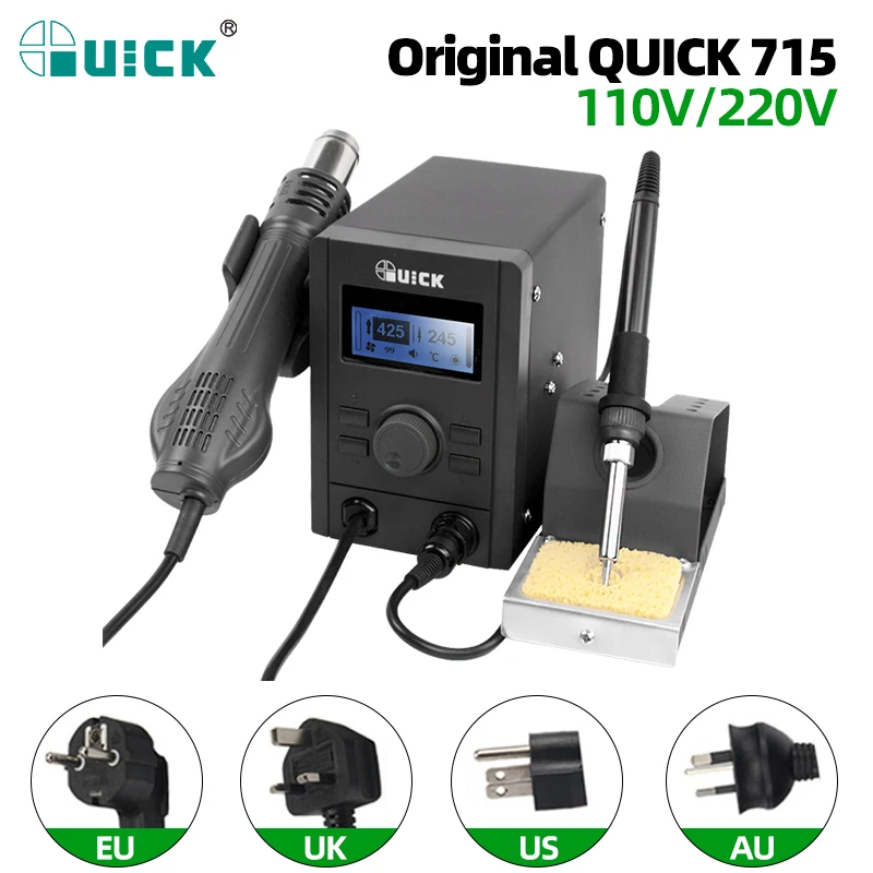 Паяльная станция QUICK 715 2 в 1 с термофеном и паяльником, 110 В/220 В, цифровой дисплей, паяльная станция, тепловой пистолет, паяльные нагревательные инструменты 
Паяльная станция QUICK 715 2 в 1 с термофеном и паяльником, 110 В/220 В, цифровой дисплей, паяльная станция, тепловой пистолет, паяльные нагревательные инструменты
