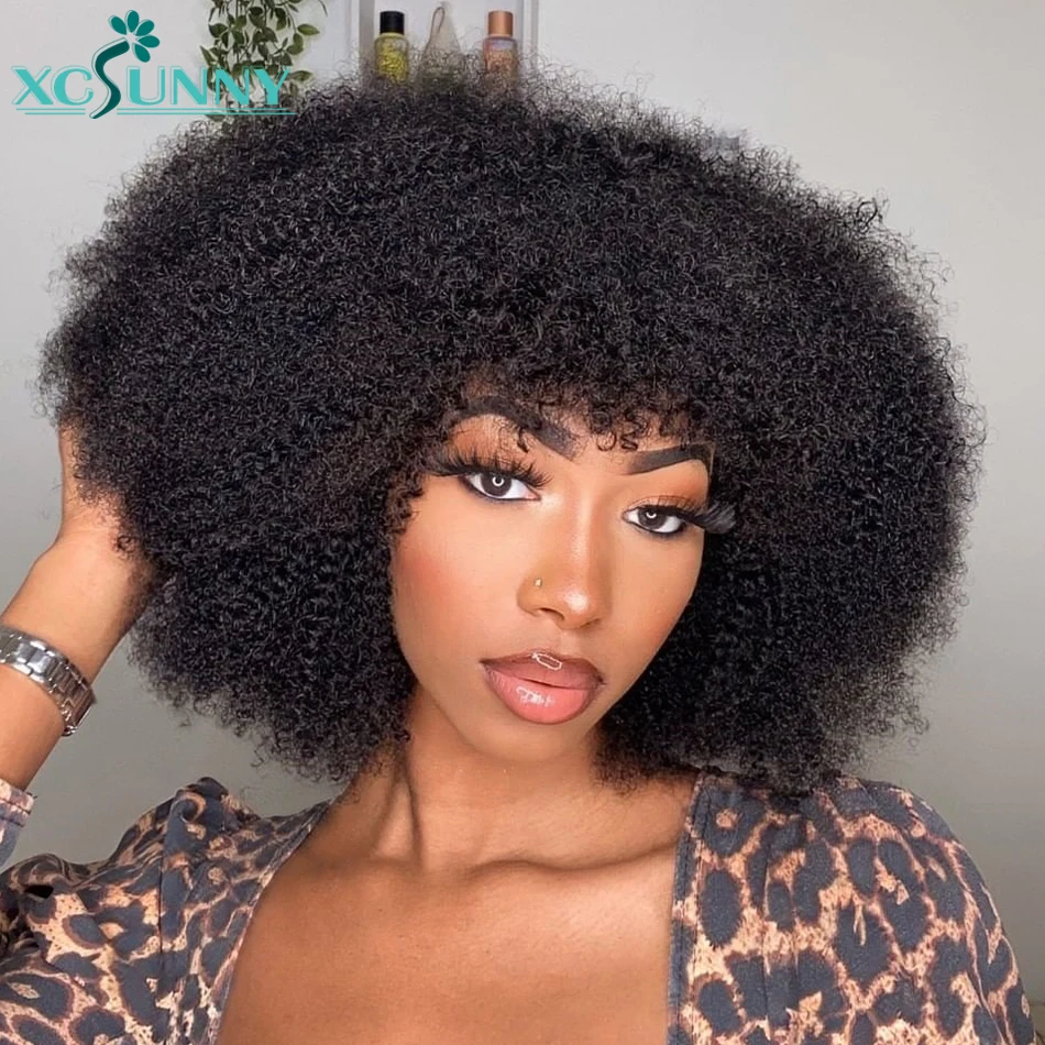

Short Curly Wig With Bangs Human Hair Afro Kinky Curly Wig Full Machine Made Scalp Top Wig 200 Density Remy Brazilian Xcsunny
