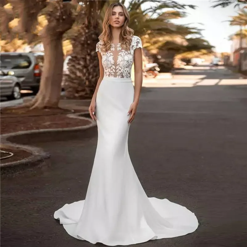 Elegant Simple Mermaid Wedding Gown Short Sleeve High Neck Illusion Lace Applique Satin Wedding Dress Sweep Train Custom
Elegant Simple Mermaid Wedding Gown Short Sleeve High Neck Illusion Lace Applique Satin Wedding Dress Sweep Train Custom
