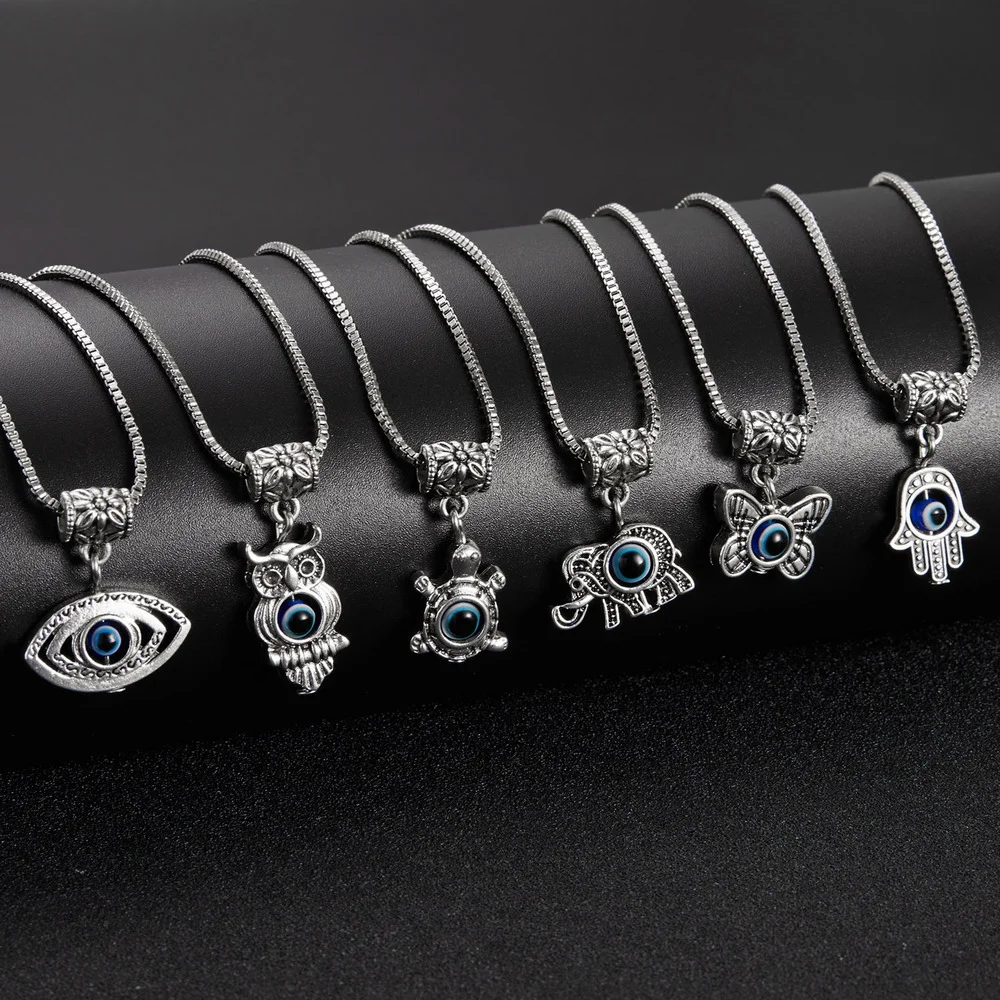 

Fashion Turkish Blue Evil Eye Lucky Necklace For Women Hollow Butterfly Owl Elephant Pendant Clavicle Chain Choker Jewelry Gift