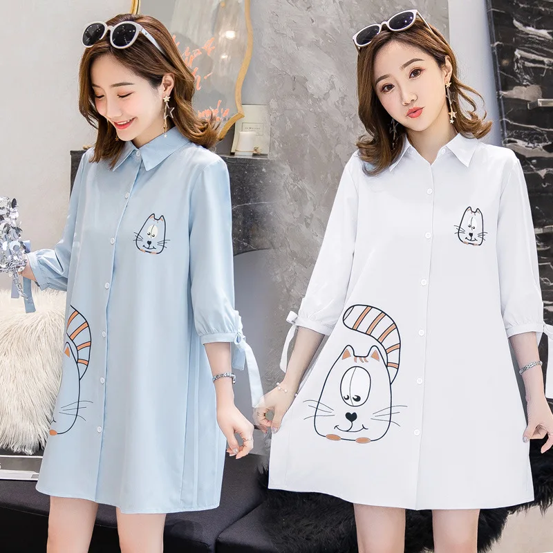 

Summer Maternity Loose Blouse Clothes For Pregnant Women New Cute Cartoon Cat Print Turn Collar Long Premama Top Grossesse