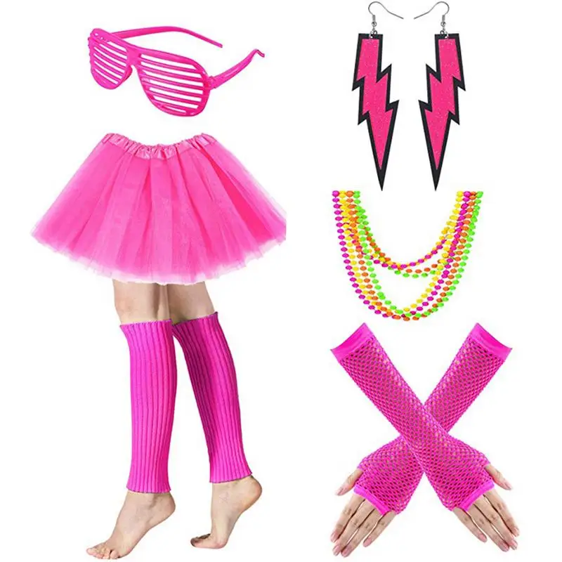 

80s Themed Outfits 80s Fancy Dress Costume Accessories Neon Necklace Blinds Glasses Earrings Fishnet Gloves Leg Warmers Tutu