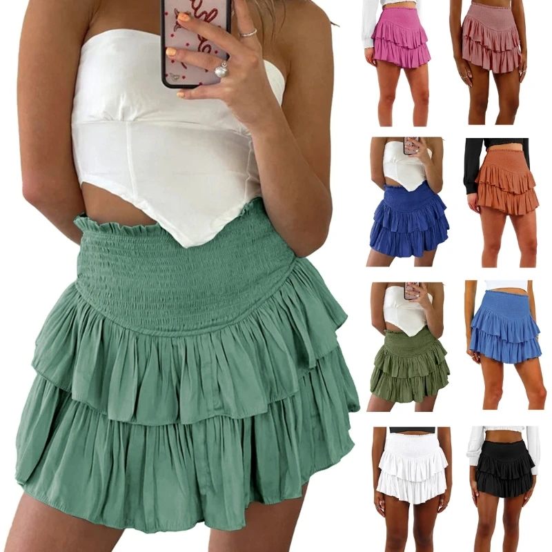 

Women Shirred High Waist Solid Color Tiered Ruffle Hem Mini Pleated Flared A-Line Short Skirt with Shorts Underneath 066C