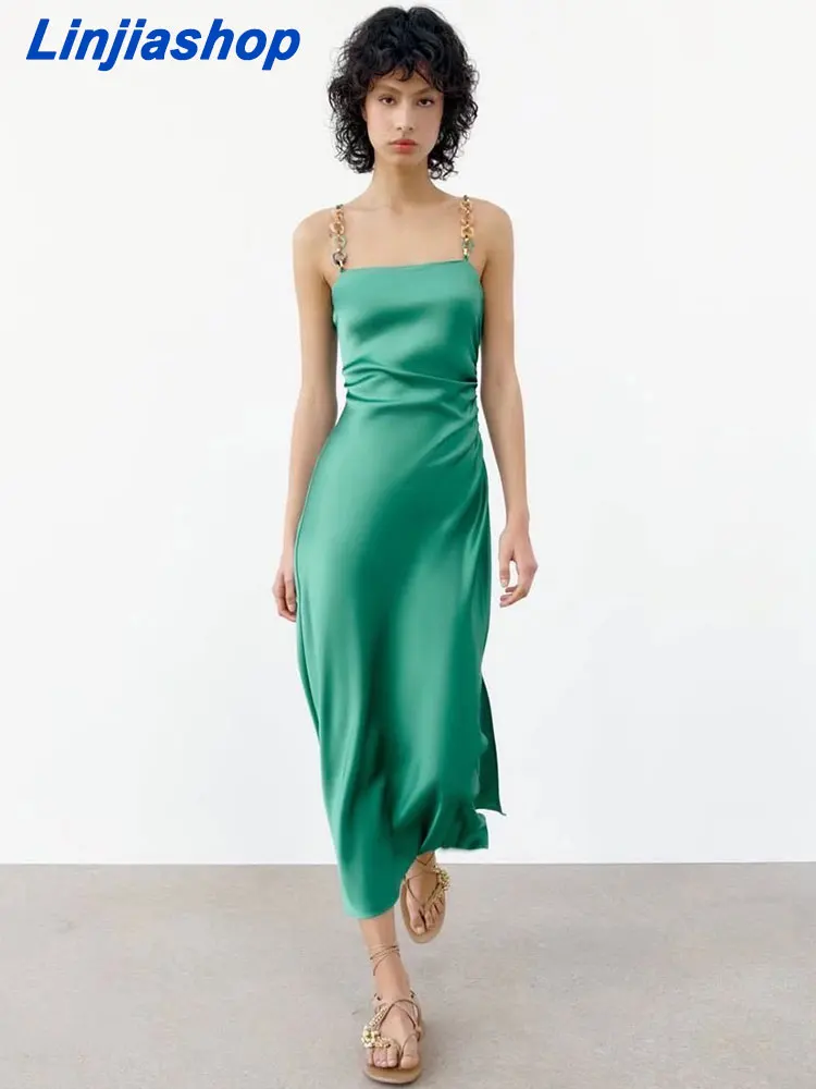 Summer women fashion with chains straps gathered party vintage satin backless sexy side zipper midi dresses vestidos mujer 22520
Summer women fashion with chains straps gathered party vintage satin backless sexy side zipper midi dresses vestidos mujer 22520