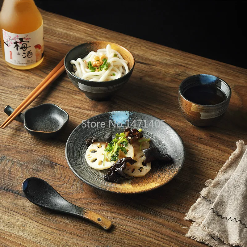 

Японский ретро столовый прибор в виде ложки, чашки, палочки для еды, набор из пяти предметов для ресторана, домашняя посуда для отеля
