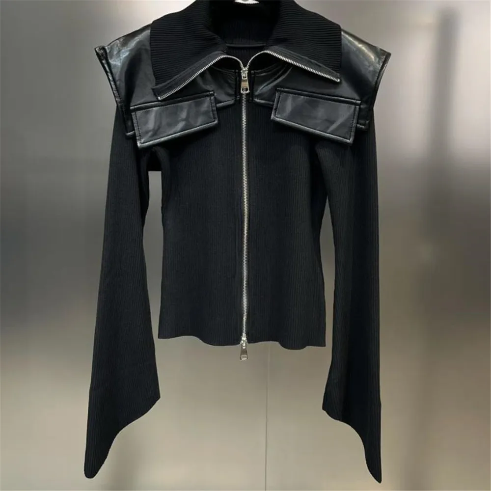 2023 Autumn New Women Fashion Sweater Knitwear patchwork PU Leather Pocket Design lapel Long Sleeve zip-up Knit Y4312
2023 Autumn New Women Fashion Sweater Knitwear patchwork PU Leather Pocket Design lapel Long Sleeve zip-up Knit Y4312