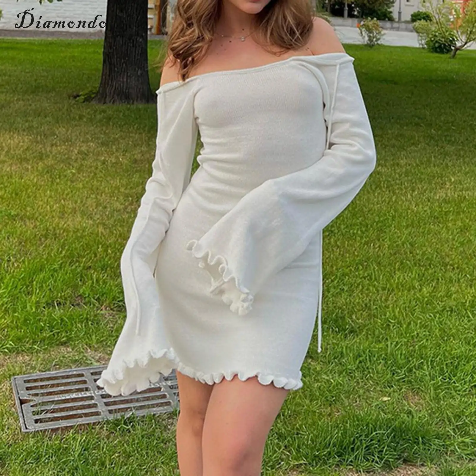 

Женское расклешенное платье с длинным рукавом и открытыми плечами, однотонное вязаное плиссированное мини-платье, облегающий пуловер, шикарное элегантное вечернее короткое платье