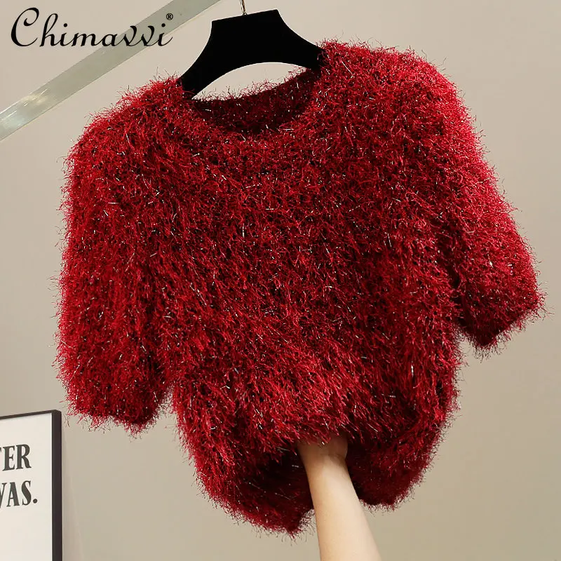 Fashion Gold Silk Shining Plush Pullover Short Sleeve Thickened Knit Tops Womens Slim Fit Temperament Crew Neck Sweater
Fashion Gold Silk Shining Plush Pullover Short Sleeve Thickened Knit Tops Womens Slim Fit Temperament Crew Neck Sweater