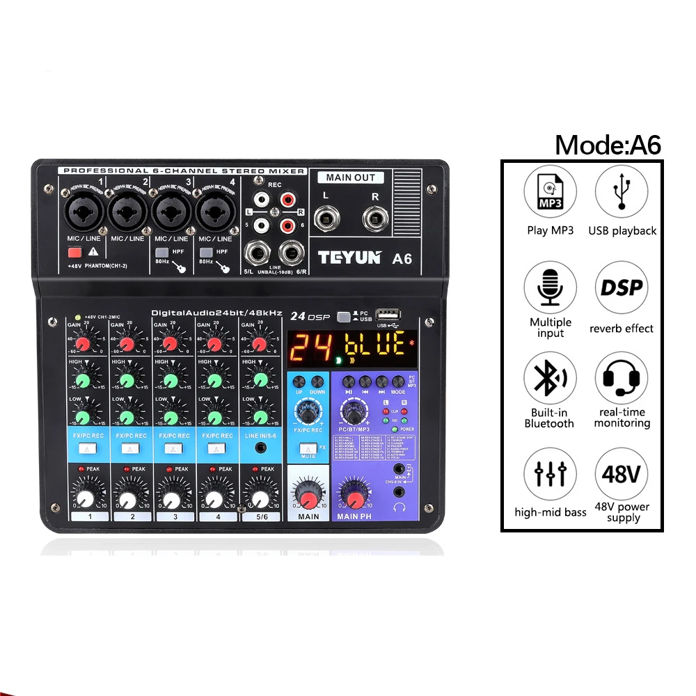 Professional 6-channel digital live mixer microphone microphone sound card mobile phone computer equipment effector
Professional 6-channel digital live mixer microphone microphone sound card mobile phone computer equipment effector