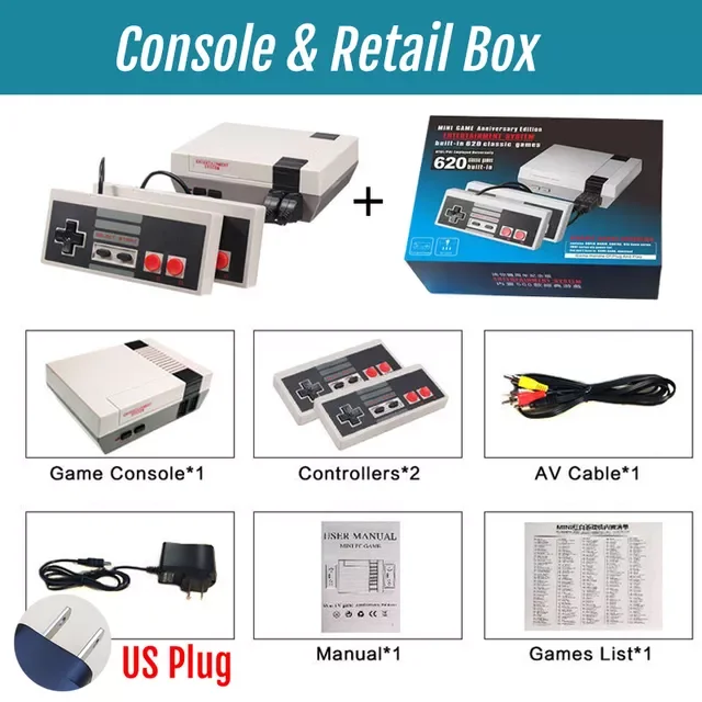 Game Console, NES Retro 8 Bit Console, Built-in 620 Games, Support Double Player, TV Output, Hot Gift for Kids
Game Console, NES Retro 8 Bit Console, Built-in 620 Games, Support Double Player, TV Output, Hot Gift for Kids