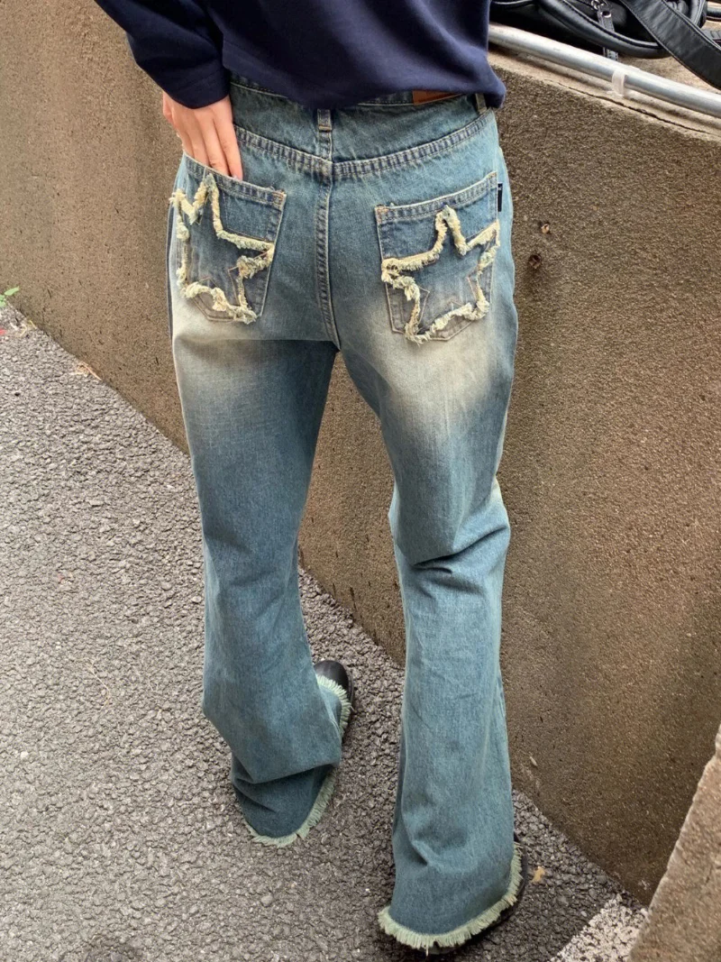 

Женские винтажные джинсы со звездами, синие прямые брюки с широкими штанинами и высокой талией, Мешковатые повседневные джинсовые брюки в уличном стиле, новинка 2023
