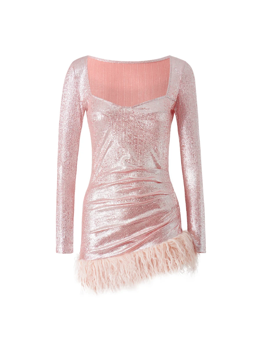 Women Shiny Long Sleeve Dress Casual Solid Color Plush Feather Party Dress for Beach Club Streetwear 
Women Shiny Long Sleeve Dress Casual Solid Color Plush Feather Party Dress for Beach Club Streetwear