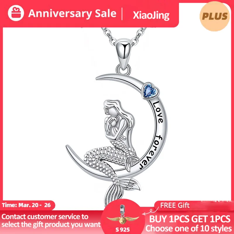 

925 Sterling Silver Classic Sea Mermaid Crescent Moon Necklace Pendant Valentine's Gifts Jewelry for Girls Women Daughter Gift