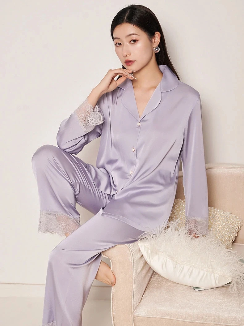 

2023 Spring Women's Pajamas Set Silk Back Lace Cut-out Lungewear Button Down Sleepwear Silk Long Sleeve Suit Nightwear