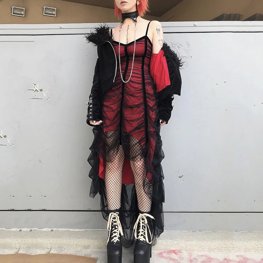 Women Cool Girl Sexy Mesh Patchwork Long Dress Summer Punk Rock Roll Dark Strap Red Asymmetrical Ruched Gothic Dress Maxi Women
Women Cool Girl Sexy Mesh Patchwork Long Dress Summer Punk Rock Roll Dark Strap Red Asymmetrical Ruched Gothic Dress Maxi Women