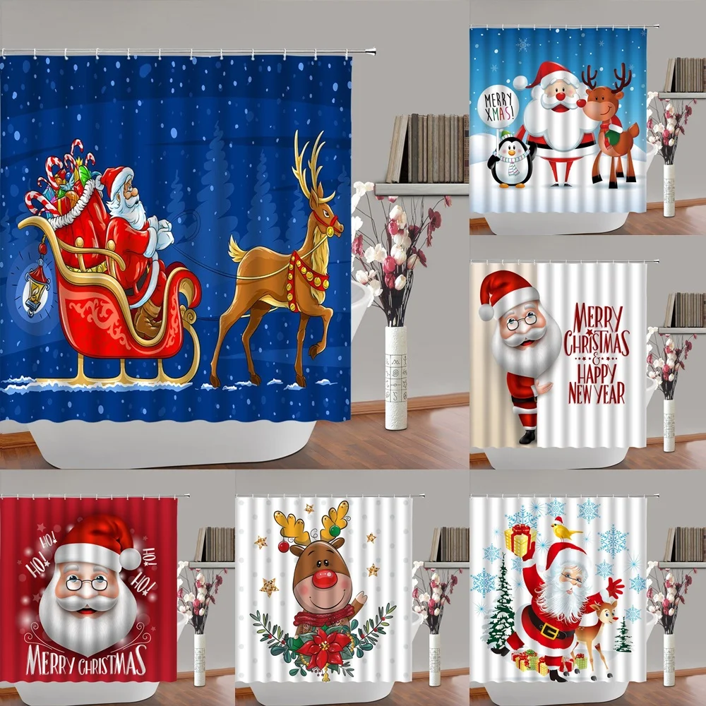 

Рождественские занавески для душа для декора ванной комнаты, Санта-Клаус, снеговик, Рождественская елка, олень, пингвин, птица, зимняя ткань, аксессуары для ванной