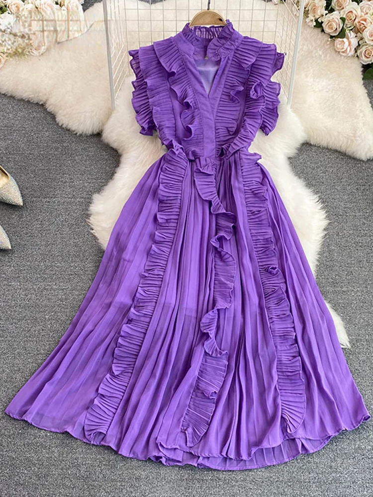 Женское шифоновое асимметричное длинное платье с оборками, Новое Элегантное платье-трапеция без рукавов с воротником-стойкой и высокой тал... 
Женское шифоновое асимметричное длинное платье с оборками, Новое Элегантное платье-трапеция без рукавов с воротником-стойкой и высокой тал...