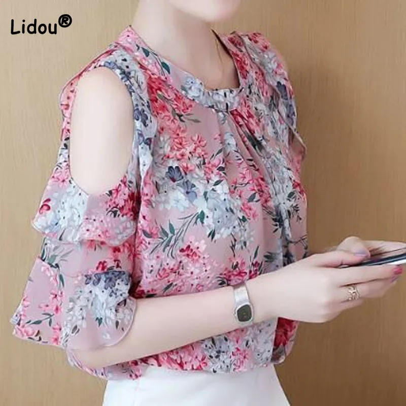 Fashionable Elegant Female Off Shoulder Floral Chiffon Shirt Summer Temperament All-match Flare Sleeve Blouse Women's Clothing
Fashionable Elegant Female Off Shoulder Floral Chiffon Shirt Summer Temperament All-match Flare Sleeve Blouse Women's Clothing