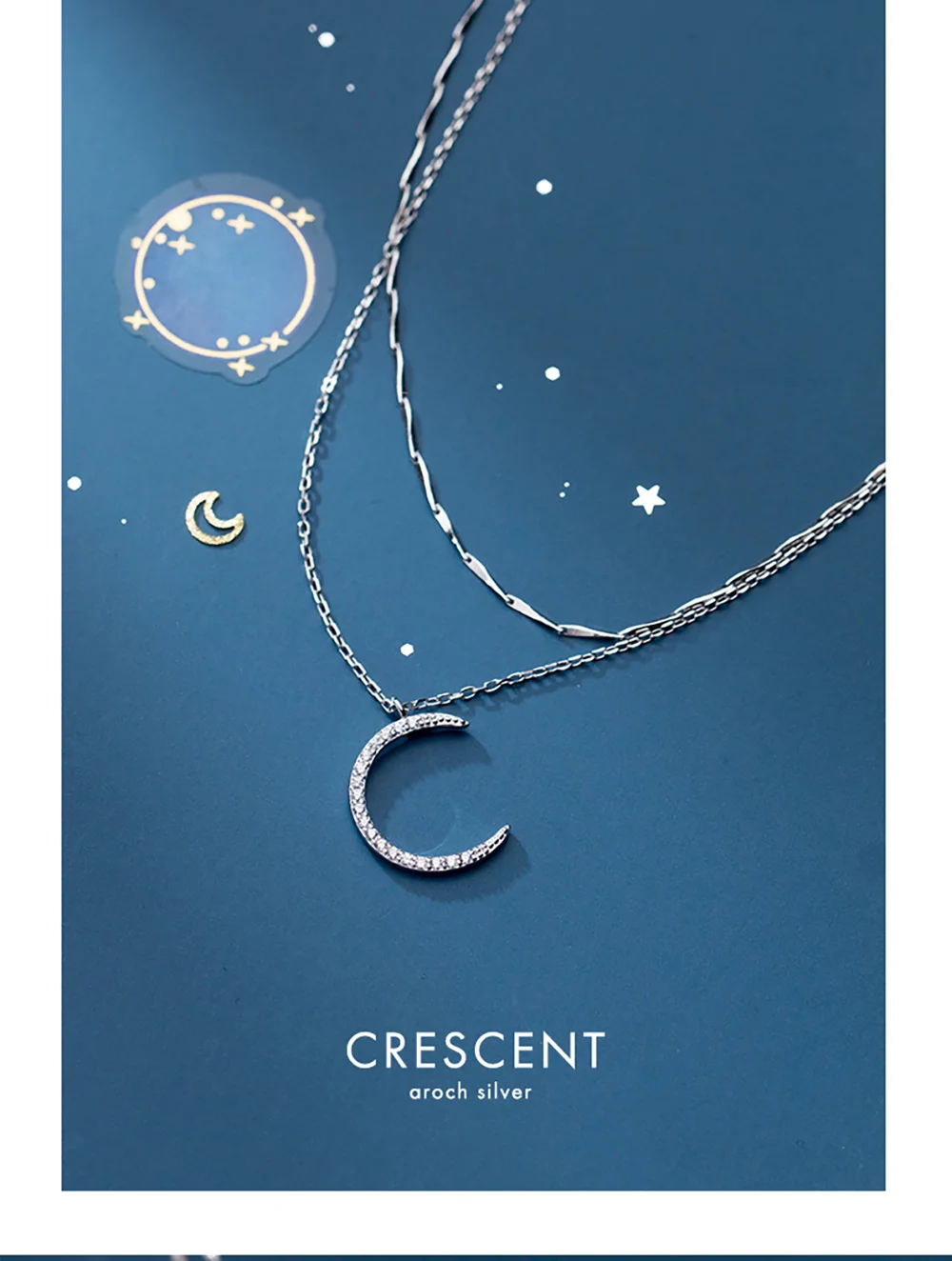925 Sterling Silver Plated Necklace Multilayer Rhinestones Double Layer Moon Pendant Necklace for Women
925 Sterling Silver Plated Necklace Multilayer Rhinestones Double Layer Moon Pendant Necklace for Women