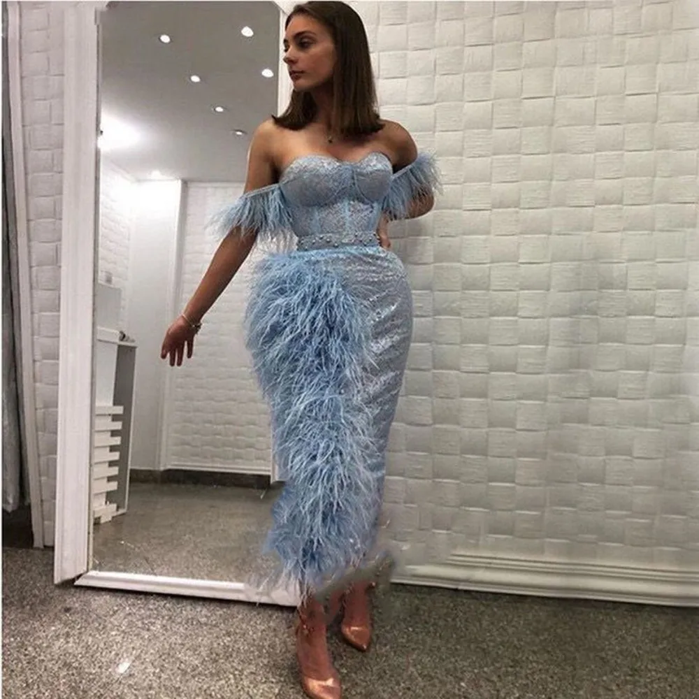Sky Blue Evening Dress Off Shoulder Feathers Sheath Lace Luxury Arabic Party Dresses Women Applique Robe De Soiree
Sky Blue Evening Dress Off Shoulder Feathers Sheath Lace Luxury Arabic Party Dresses Women Applique Robe De Soiree
