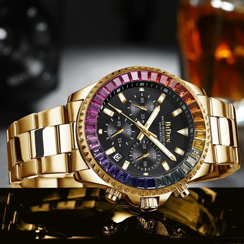 Color Diamond Decoration Mens Watches Luxury Quartz Watch Men Fashion Casual Steel Strap Clock Sport Watch Relogio Masculino
Color Diamond Decoration Mens Watches Luxury Quartz Watch Men Fashion Casual Steel Strap Clock Sport Watch Relogio Masculino