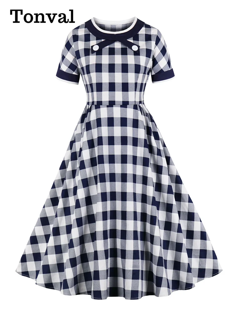 

Tonval Gingham Print Rockabilly Vintage Cotton Long Dresses for Women O-Neck Short Sleeve Elegant Plaid Robe Midi Dress