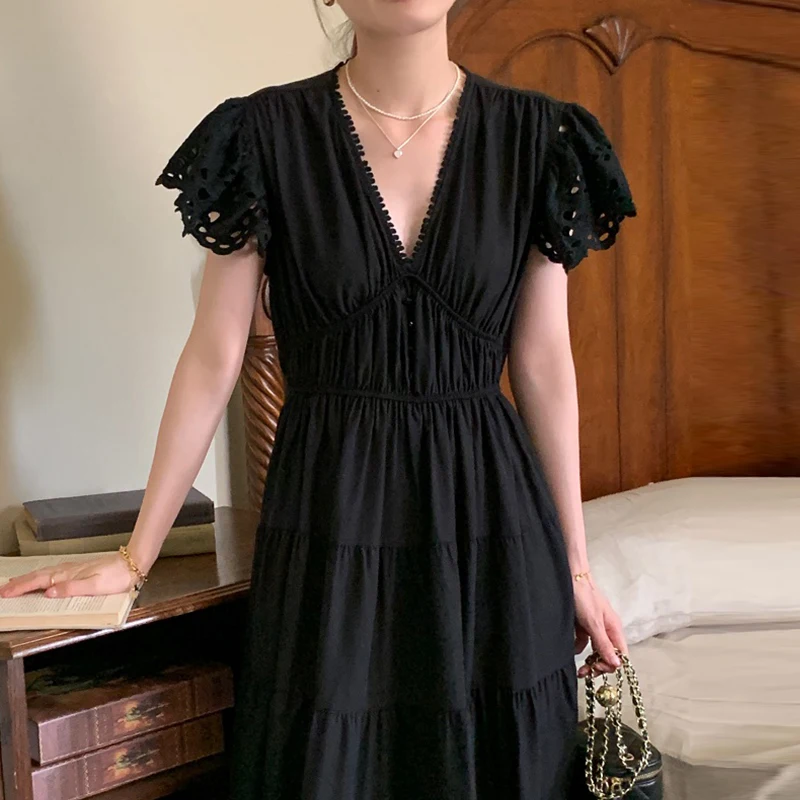 Korean Dresses For Women 2023 Summer Elegant V-Neck Patchwork Ruffle Dress Short Hollow Out Sleeve Long Vestidos Dropshipping
Korean Dresses For Women 2023 Summer Elegant V-Neck Patchwork Ruffle Dress Short Hollow Out Sleeve Long Vestidos Dropshipping