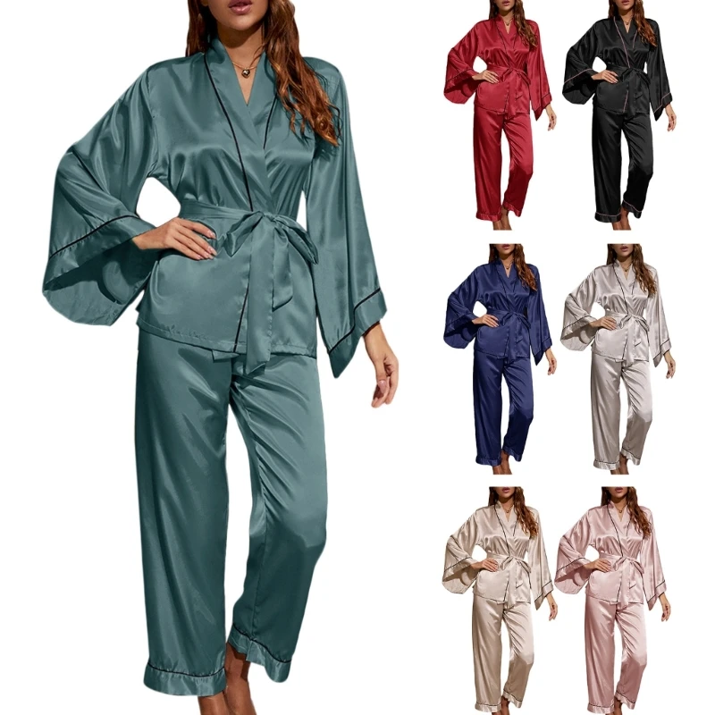 

L93F Silk Satins Pajamas Set for Womens Long Sleeve Two-piece Pj Sets Sleepwear Loungewear Belted Pj Sets